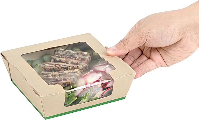 Restaurantware-Sustain 26 Ounce Sturdy Paper Take Out Boxes, 50 Disposable Take Out Food Containers - With PLA lining, Clear PLA Window, Bamboo Paper Containers, Compostable, Tab-Lock Design