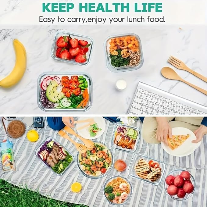 12pcs Glass Food Storage Containers with Lids, Meal Prep, Pantry Kitchen Storage Containers for Lunch, Leak Proof, Airtight Glass Lunch Bento Boxes for Microwave, Oven, Freezer And Dishwasher