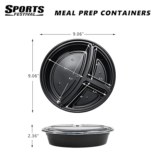 150 Pack Meal Prep Containers, 33 OZ Round Bento Box, 3 Compartment Divided Food Storage Durable Stackable Reusable, BPA Free, For Microwave, Dishwasher, Freezer（150 Trays & 150 Lids）
