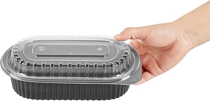 RW Base 32 Ounce Meal Prep Containers, 50 Microwavable To Go Containers With Lids - Disposable, Freezable, Black Plastic Oval Food Containers, Pack Hot And Cold Food, For Takeaway - Restaurantware