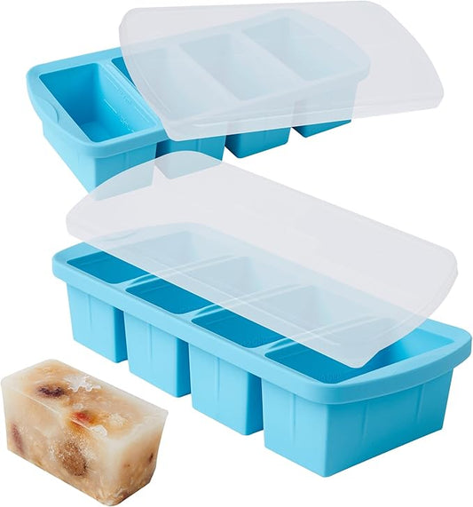 Silicone Freezer Tray with Lid 2 Pack Silicone Freezer Molds - Large Ice Cube Tray - Makes 8 Perfect 1 Cup Portions Soup Cubes Meal Prep Containers- Oven & Dishwasher Safe