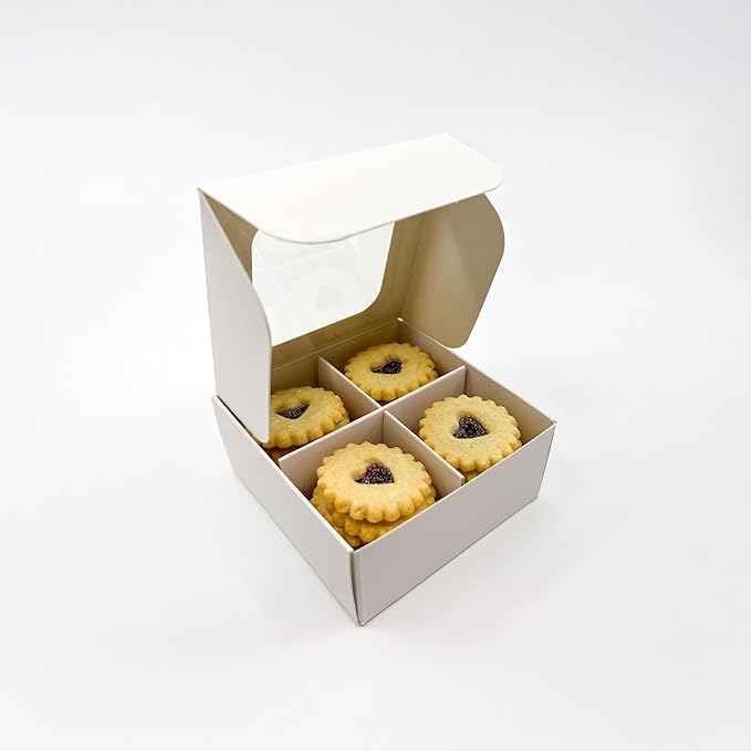 Treat boxes with window and dividers | 4 X-SMALL compartments | 3.5 x 3.5 x 1.57 in | Empty candy boxes for gift giving, truffle box - perfect for Valentine's Day | 20-pack (White)