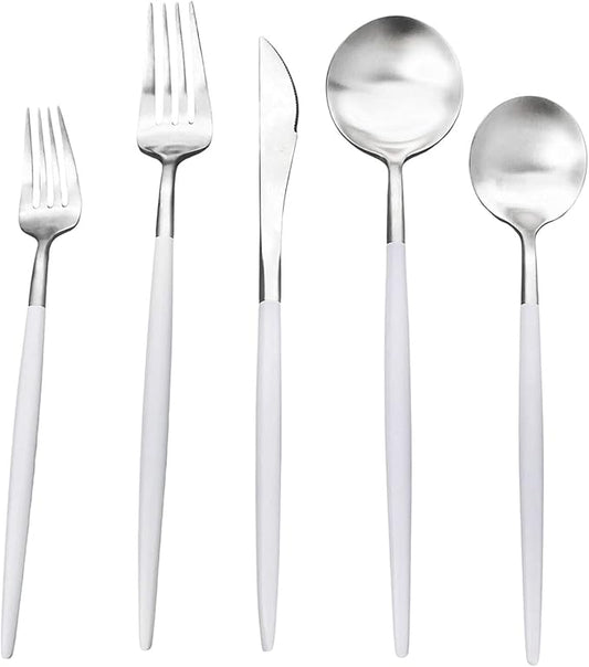 White Silver Flatware, Royal 20-Piece Matte White Handle 18/10 Stainless Steel Tableware Sets for 4 Including Forks Spoons Knives, Camping Silverware Travel Utensils Set Cutlery (White Silver)