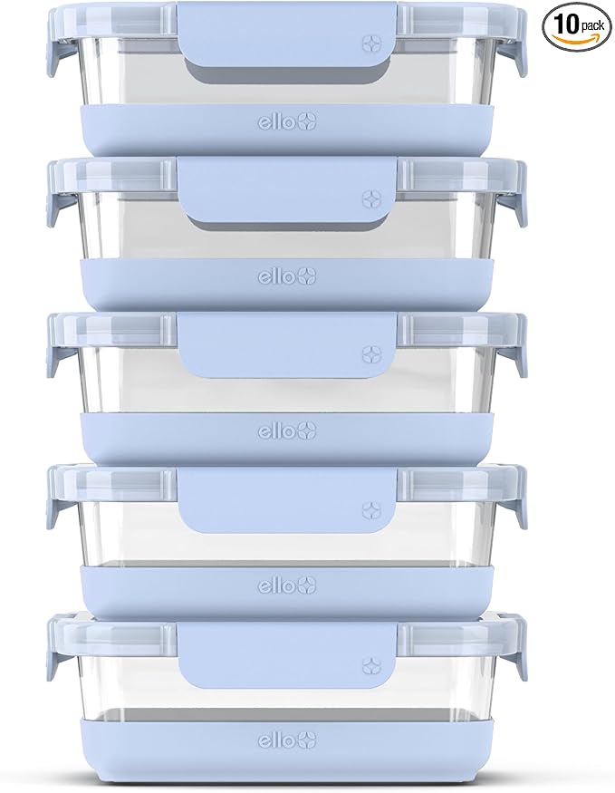 Ello Duraglass 3.4 Cup Meal Prep Sets 10Pc, 5 Pack Set- Glass Food Storage Container with Silicone Boot and Airtight BPA-Free Plastic Lids, Dishwasher, Microwave, and Freezer Safe, Halogen Blue