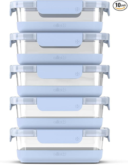 Ello Duraglass 3.4 Cup Meal Prep Sets 10Pc, 5 Pack Set- Glass Food Storage Container with Silicone Boot and Airtight BPA-Free Plastic Lids, Dishwasher, Microwave, and Freezer Safe, Halogen Blue