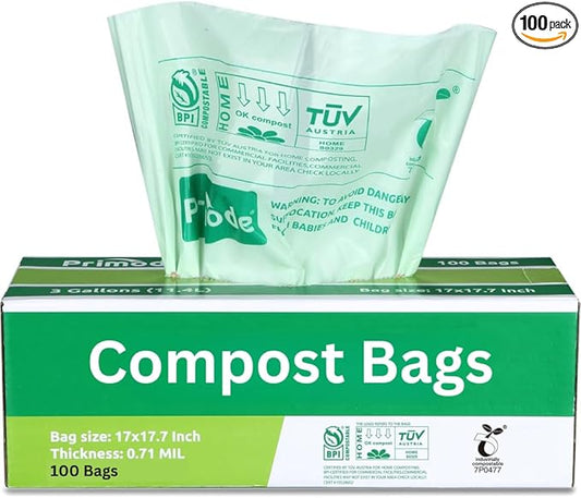 Compost Bags, Compostable Trash Bags 3 Gallon Compostable Bags 100 Count Small Compost Bags for Countertop bin Extra Thick 0.71 Mil. ASTM D6400 Certified By BPI and TÜV AUSTRIA