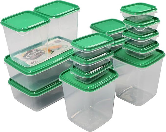 17PCS Food Container Green Fridge Bins, Leakproof Food Grade Plastic Various Sizes with Lid for Leftover Meals
