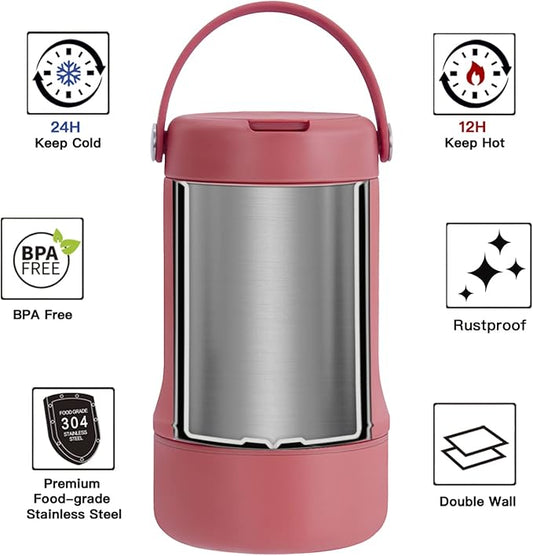Ideus 20 oz Insulated Soup Thermo with Foldable Spolk and Bowl, All-in-one Stainless Steel Vacuum Thermal Food Jar for Lunch, Leakproof Bento Lunchbox Portable Soup Container, Red