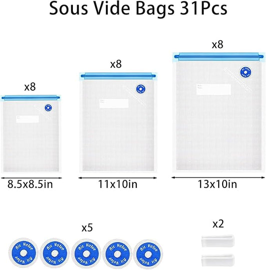 Sous Vide Bags 31 Pcs (24 Pcs Vacuum Zipper Bags & 2 Seal Clips & 5 Air Valves),Reusable BPA Free Vacuum Sealer Bags Vacuum Food Storage Bags for Cooking/Food Storage/Microwave Heating