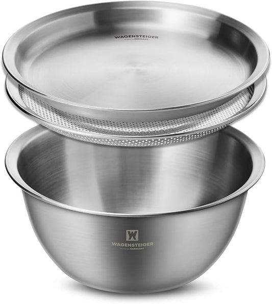 Stainless Steel Mixing Bowl Set (3-Piece) – Multifunctional Food Prep & Baking Tools with Strainer and Serving Tray, Oil Drain Tray, Nesting Storage, Easy Measurement Marks (9.45 Inch)