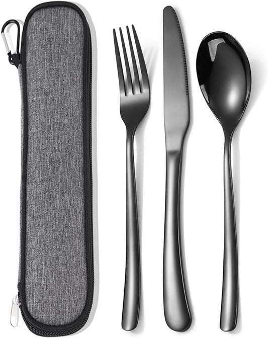 MURRI&MURRDI Stainless Steel Cutlery Set for 1, Reusable Flatware Set with Case,3 Piece Black Utensils Set for Work, Knife Fork Spoon