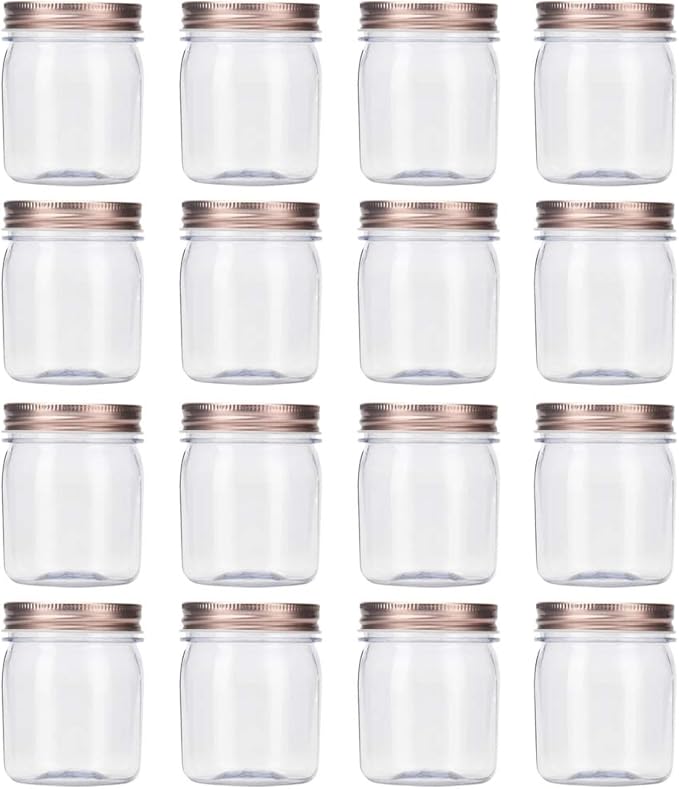 Novelinks 8 Ounce Clear Plastic Jars With Rose Gold Lids - Refillable Round Containers for Kitchen & Household Storage - BPA Free (16 Pack)