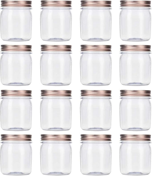 Novelinks 8 Ounce Clear Plastic Jars With Rose Gold Lids - Refillable Round Containers for Kitchen & Household Storage - BPA Free (16 Pack)