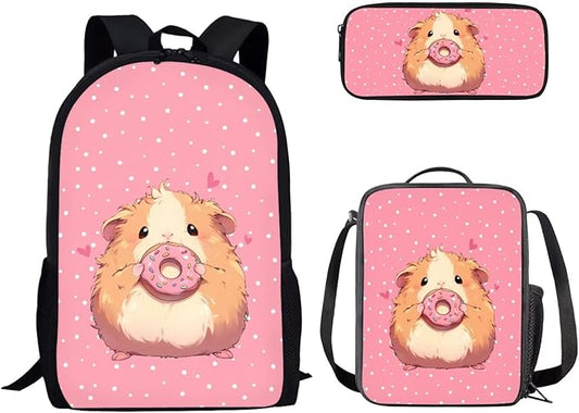 Dolyues Donut Hamster Kids School Backpack Set with Lunch Box & Pencil Case - Stylish 3-Piece School Bag for Boys - Perfect Bookbag with Meal Bag and Pen Pouch