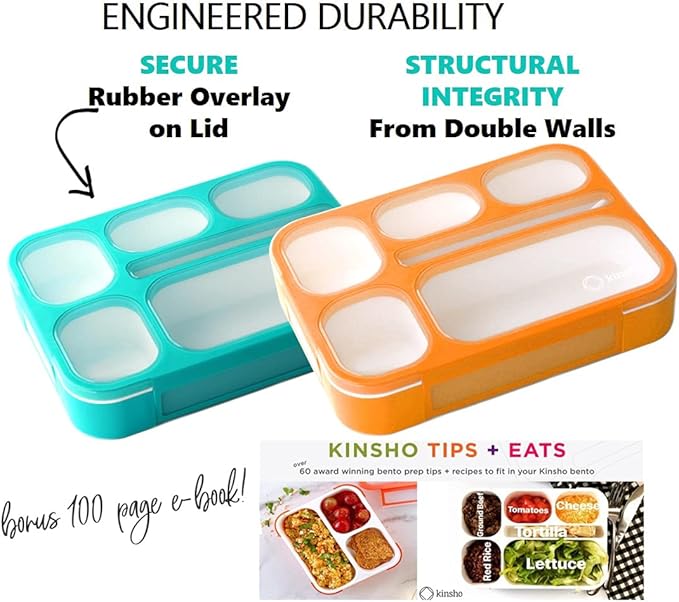 kinsho Bento Box for Kids, Lunch Boxes Snack Containers with 6 Compartments for School, Boy Girl Adults Leakproof BPA Free Teal + Orange 2 pack set