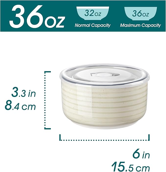 vancasso Bonbon Ceramic Bowls with Lids Set of 4, 36 oz Microwave Safe Soup Bowls, Airtight Food Storage Containers for Meal Prep, Salad, Cereal, Leftovers, Lunch, and Serving, Beige
