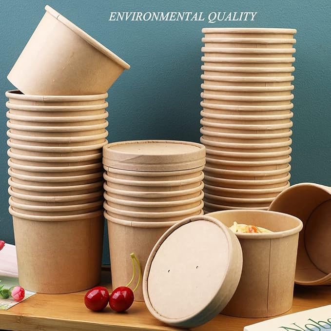 12 oz 50 Pack Paper Soup, Foods or Ice Cream Containers with Lids, Disposable Paper Food Cups, Soup Storage, Ice Cream Cups, Great For Restaurants or To-Go Lunch