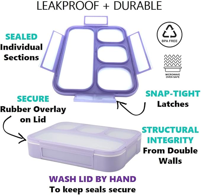 kinsho Bento-Box with Lunch Bag and Ice Pack Set. Containers for Kids Girls Adults Snacks and Lunches. 4 Compartments, Leakproof Portion Container Boxes Insulated Bags for School, Purple
