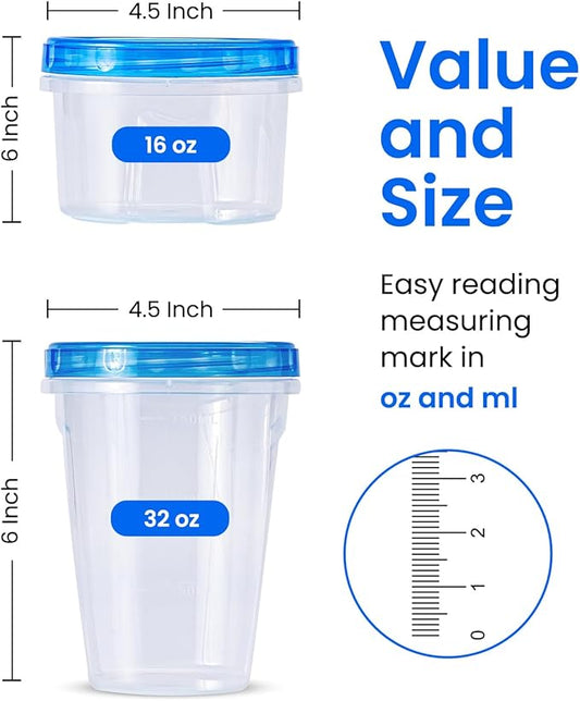 RFAQK 48 PCS Freezer Storage Containers with Twist Top Lids-(32OZ & 16OZ) 24 Plastic Deli Containers with 24 Screw Lids-Soup Freezer Containers for Meal Prep Reusable Box, Lunch and Gym