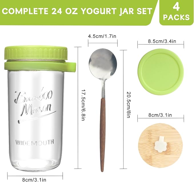 ANOTION Overnight Oats Containers with Lids and Spoons - 4 Pack Mason Jars 24 oz with Lids and Straws - Airtight Glass Meal Prep Containers for Oats Overnight, To Go Yogurt Oatmeal Cereal Pudding Cups