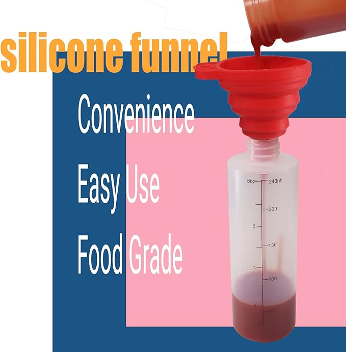 10 Pack 8 oz Graduated Plastic Squeeze Squirt Condiment Bottles with Red Twist On Cap Lids - for Condiments, Oil, Icing, Liquids–with Extra 1 Silicone Funnel, 18 Chalk Labels and 1 Pen