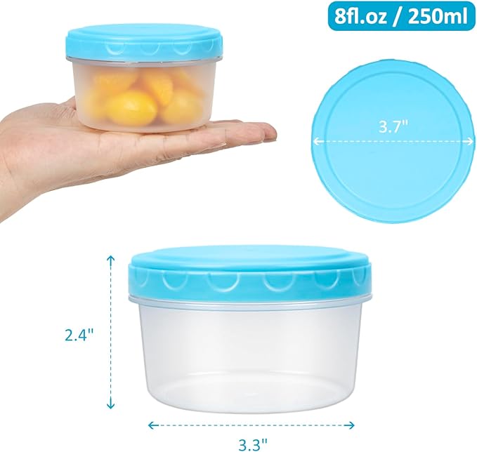 8 Oz Plastic Containers with Lids, 15 Pack 1-Cup Reusable Small Freezer Storage Containers with Screw Top for Food Snack Portion Control Meal Prep, Ultra Thick, Microwave Freezer Dishwasher Safe, Blue
