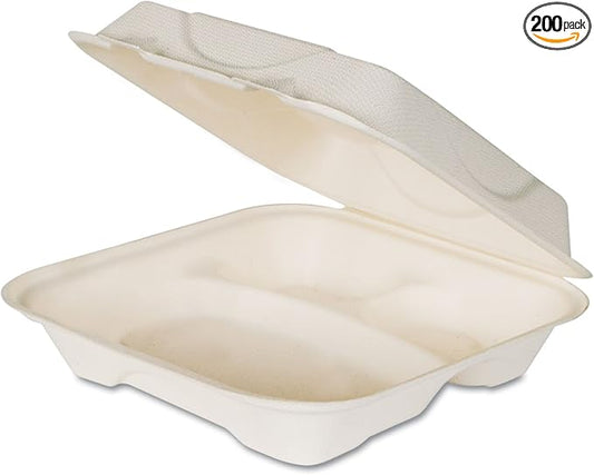 Eco-Products Compostable Vanguard 9" Clamshell To Go Containers, Case of 200, 3 Compartment, Square Take Out Food Box, White Renewable Molded Fiber, No-Added PFAS, ASTM Compliant, BPI-Certified