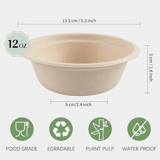 150 Pack 12 oz Paper Bowls Disposable Compostable Soup Bowls Natural Sugarcane Biodegradable Bowls for Ice Cream, Desserts, Pet Food