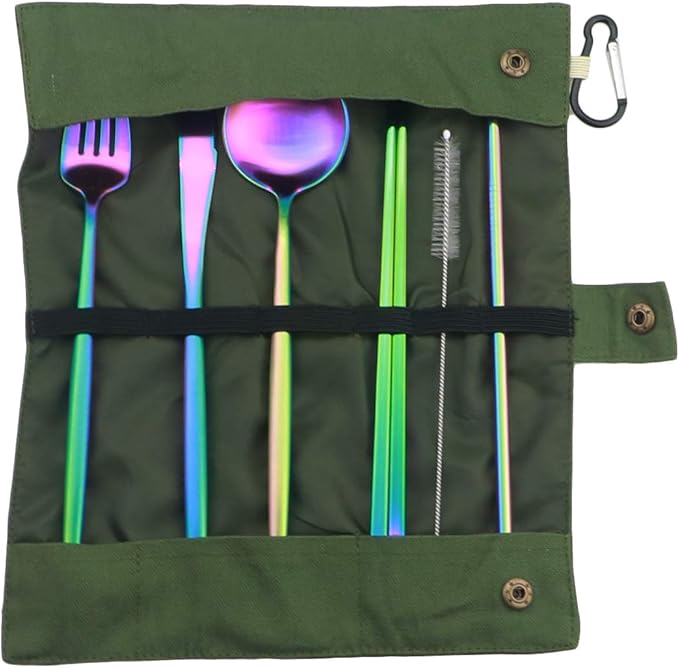 Reusable Travel Utensils, 7 Piece Portable 304 Stainless Steel including Knife Fork Spoon Chopsticks Cleaning Brush Straws Portable Pouch, Eco-friendly Camping Silverware Set, Dishwasher Safe