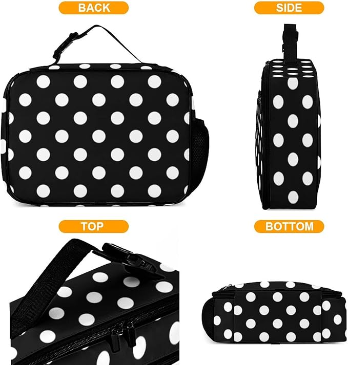 Polka Dot Black Reusable Lunch Box Insulated Lunch Bag Cooler Bag Lunchbox Meal Food Container Tote Bag for Women Kids Girls School Camping Hiking Picnic Beach Travel