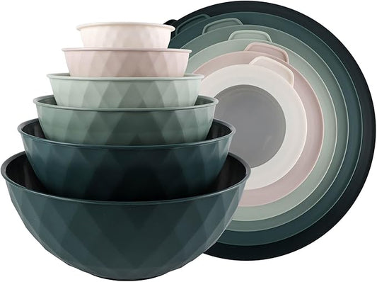 COOK WITH COLOR Mixing Bowls with Lids - 12 Piece Plastic Nesting Bowls Set includes 6 Prep Bowls and 6 Lids, Non Slip Bottom and Diamond Design - Microwave Safe (Mint)