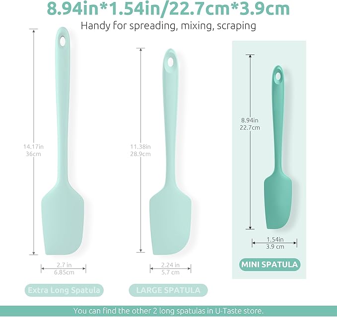 18/8 Stainless Steel Measuring Spoons Set for Dry and Liquid Ingredients (Set of 6), and 9×2inch 600ºF Heat-Resistant Food-Grade Small Mini Silicone Spatula (Aqua Sky)