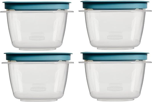 Rubbermaid 2-Cup Flex & Seal Leak Proof Lids Food Storage Set, Teal, Clear Meal Prep Flex Containers, 4 Piece Bundle Set