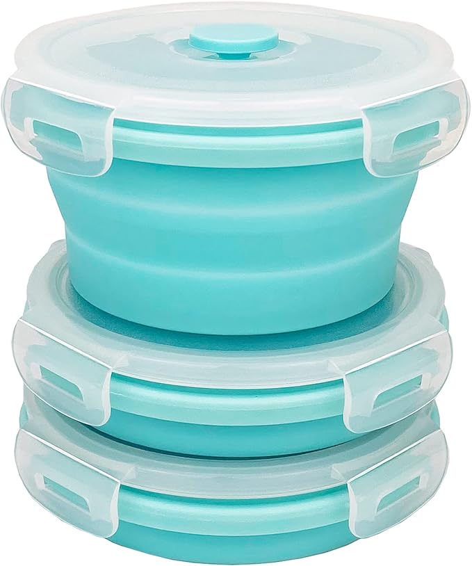 CCyanzi 3piece Round Collapsible Bowl with Lids, Silicone Food Storage Containers, Microwave & Freezer Safe, Space Saving for Kitchen Cabinet and Camping Backpack,(Blue)