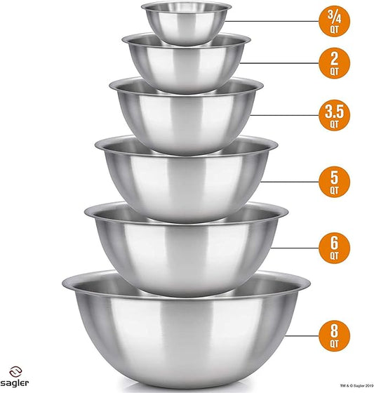 mixing bowl Set of 6 - stainless steel - Polished Mirror kitchen bowls - Set Includes ¾, 2, 3.5, 5, 6, 8 Quart - Ideal For Cooking & Serving - Easy to clean - Great gift