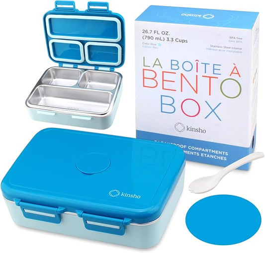 kinsho Stainless Steel Bento Box Lunch Container for Kids Adults with Removable Tray, Leakproof Silicone Seals, BPA Free 26 oz/790 mL (Blue)