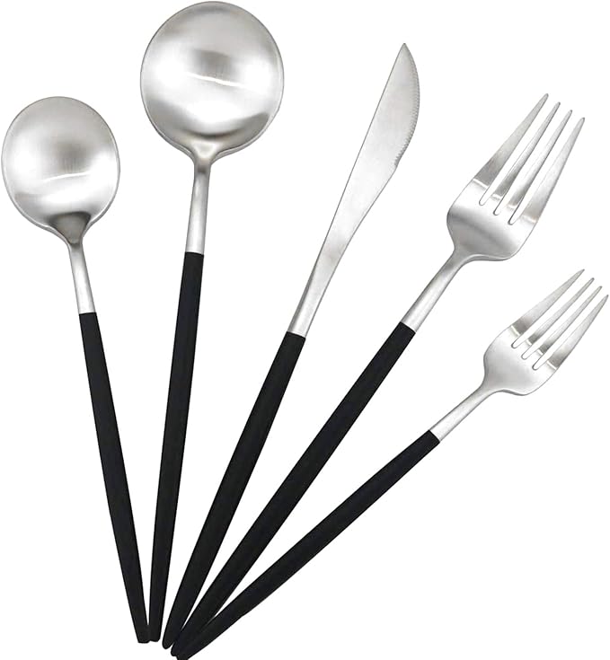 Black Handle Matte Silver Silverware Set - 5-Piece 18/10 Stainless Steel Satin Finish Flatware, Kitchen Utensils, Tableware Travel Cutlery for Camping Office Lunch - Dishwasher Safe