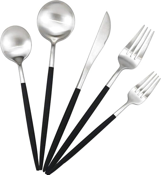 Black Handle Matte Silver Silverware Set - 5-Piece 18/10 Stainless Steel Satin Finish Flatware, Kitchen Utensils, Tableware Travel Cutlery for Camping Office Lunch - Dishwasher Safe