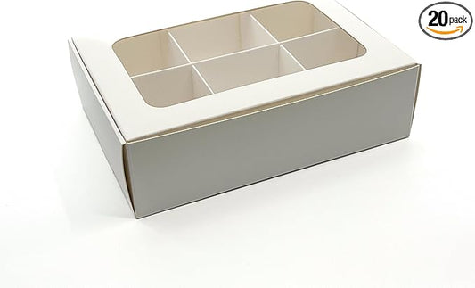 Treat boxes with window and dividers | 6 SMALL compartments | 6.5 x 4.5 x 1.9 in | Chocolate covered strawberries supplies, macaron boxes, baked goods packaging | 20-pack (White)