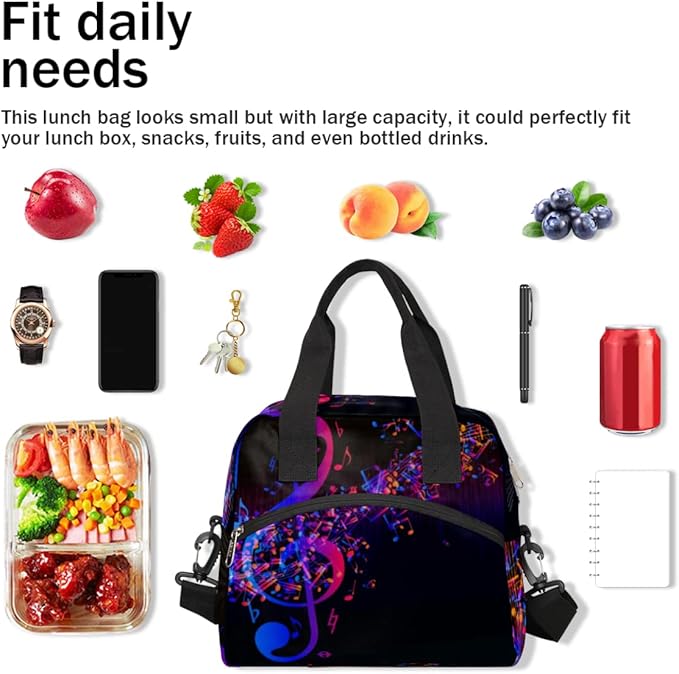 Insulated Lunch Bag for Women Men Abstract Music Note Leakproof Cooler Tote Bag Large Reusable Adult Lunch Box with Adjustable Shoulder Strap for Office Work Picnic Travel Beach