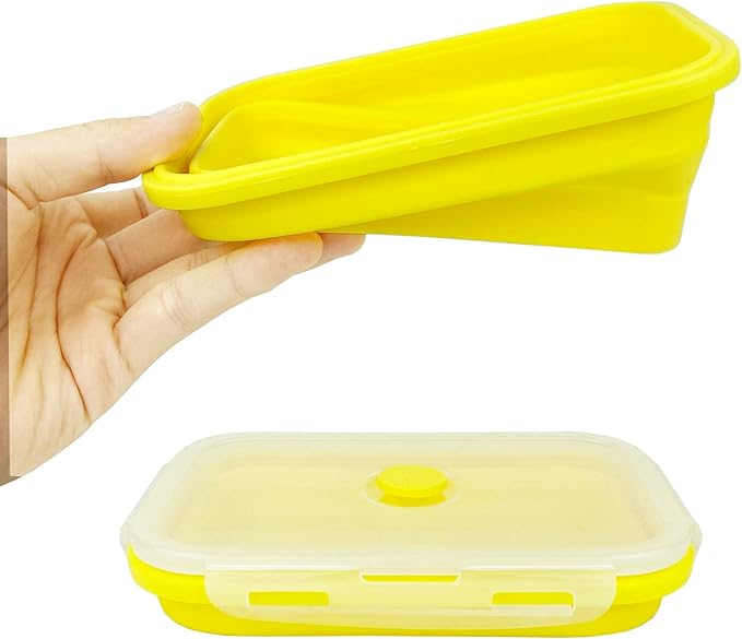 CCyanzi Set of 3 Yellow Collapsible Food Containers Collapsible Camping Bowl Silicone Storage Containers, Safe to Microwave and Freezer, 800ml