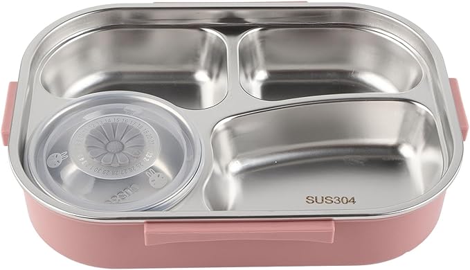 Raguso Boxs Dinnerware 4?Grid Lunch Box Stainless Steel Meal Prep Containers,for Canteens Office Family Food Storage Container (Four-compartment lunch box with soup bowl: pink)
