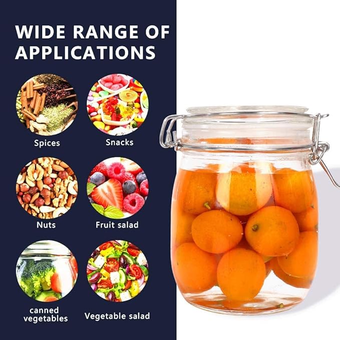 6 Pack 25 oz Pint, 750 ml Clear Glass Jars With Airtight Lids and Leak Proof Rubber Gasket, Hinged lids. Wide Mouth Storage Containers Preserving Jars, Mason Jars, Kitchen Storage Canisters