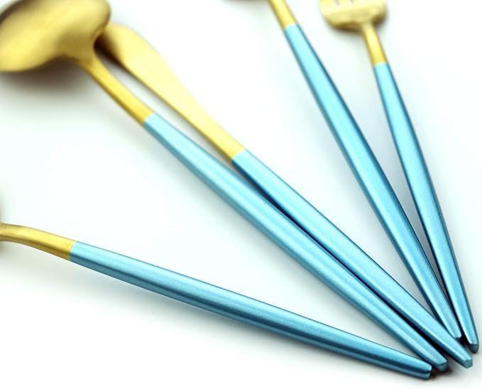 20 Pieces Matte Gold Blue Handle 18/10 Stainless Steel Silverware Set, Flatware Set Titanium Black Cutlery Set, Utensils Set for Home Restaurant Service Set for 4, Dishwasher Safe (Blue Gold)