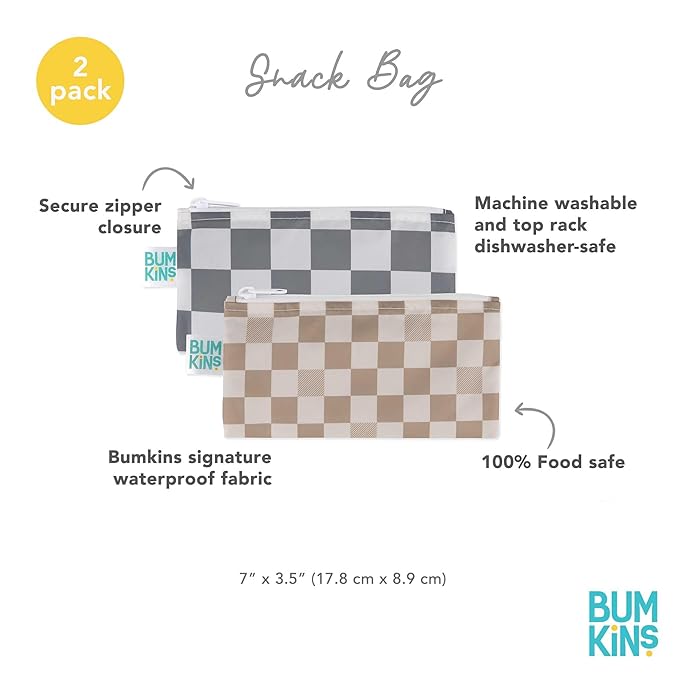 Bumkins Reusable Snack Bags, for Kids School Lunch and for Adults Portion, Washable Fabric, Waterproof Cloth Zip Bag, Supplies Travel Pouch, Food-Safe Storage, 2-pk Check