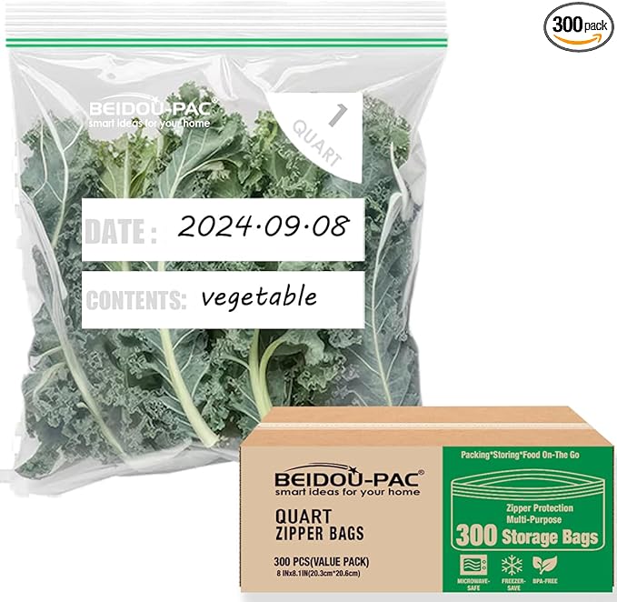 Quart Food Storage Zip Bags, 300 Count | Double Zipper, Freshness Easy Open Reclosable Clear Plastic Bags