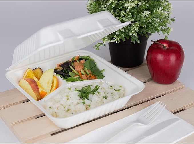 KARAT EARTH Clamshell Take Out Food Containers [8"x8", 200 ct ] 3 Compartments | Compostable To Go Containers, Natural Biodegradable Bagasse | White