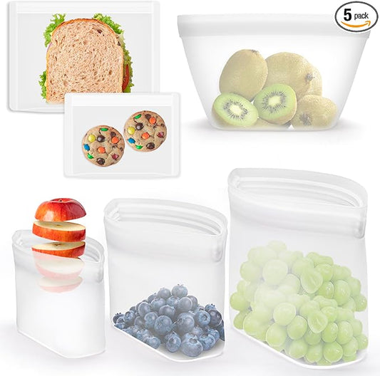 Reusable Silicone Food Storage Bags - 100% Food Grade BPA-Free, Freezer/Microwave/Dishwasher Safe | Stand-Up Zip Closure, Leakproof Eco-Friendly Meal Prep Containers (3 Pack Stand-up & 2 Pack Flat)