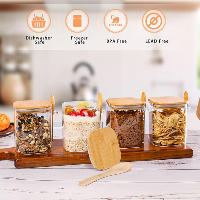 6 Pack Square Glass Jar with Bamboo Lids and Spoons - 32 OZ Overnight Oats Containers with Lids, Food Storage Glass Jars for Loose Tea, Meal Prep, Chia Pudding, Yogurt, Coffee, Sugar