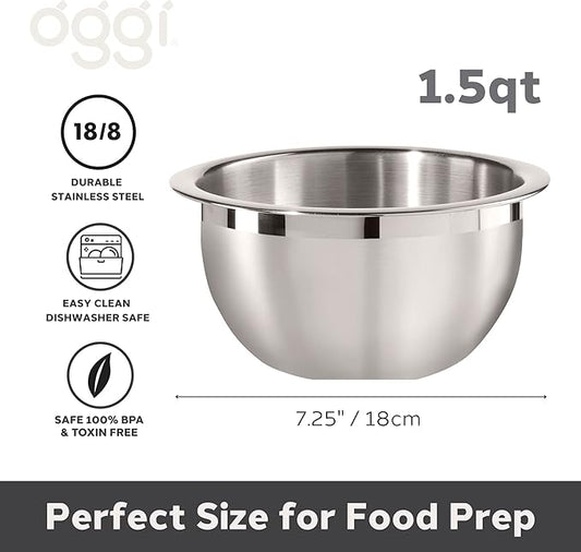 Oggi 1.5-Quart Two-Tone Stainless Steel Mixing Bowl, Great for Mixing, Making Dough, Dressing Salads, Mixing Eggs, Washing Vegetables